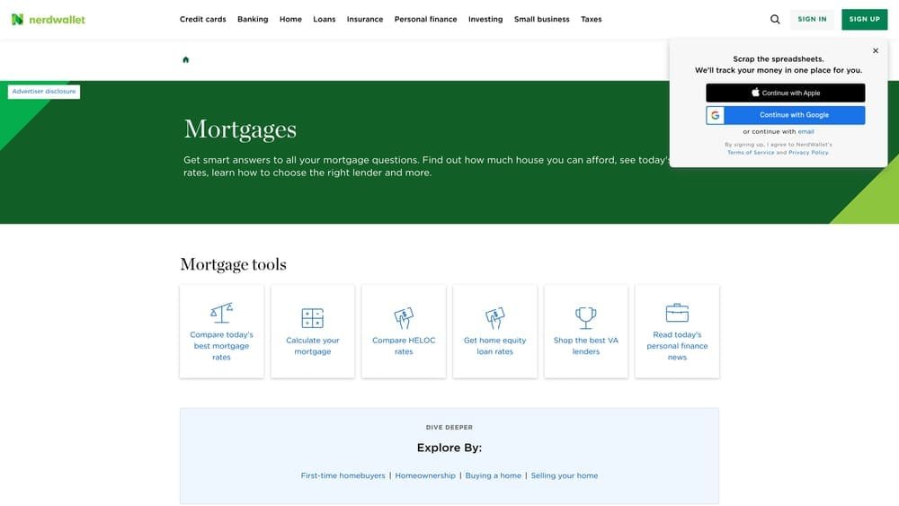 Screenshot of NerdWallet Mortgage Comparison website
